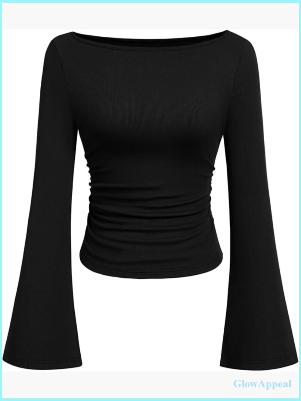 Long Sleeve Crop Top Bell Sleeve Ribbed Ruched Going Out Shirt